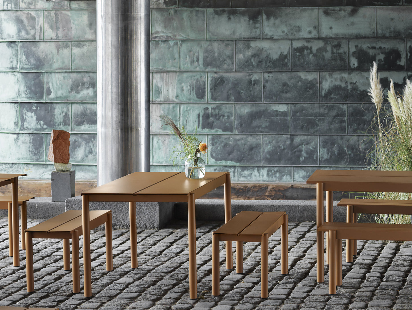 Linear Steel Table and Bench - Burnt Orange