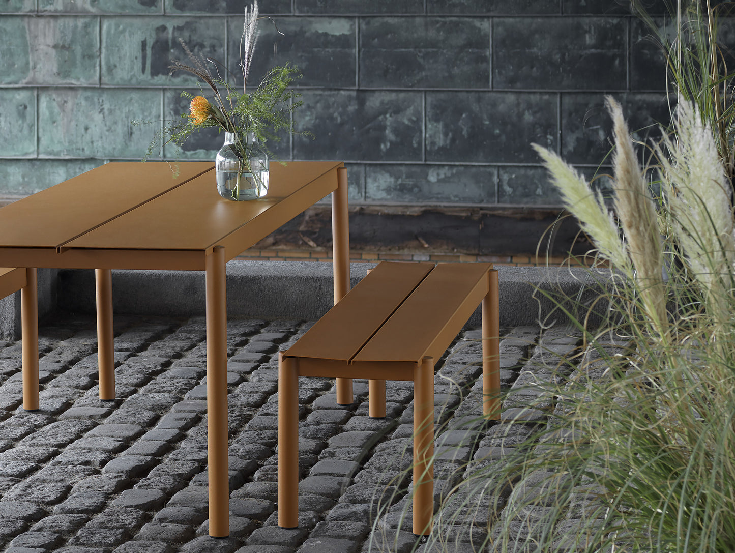 Linear Steel Table and Bench - Burnt Orange