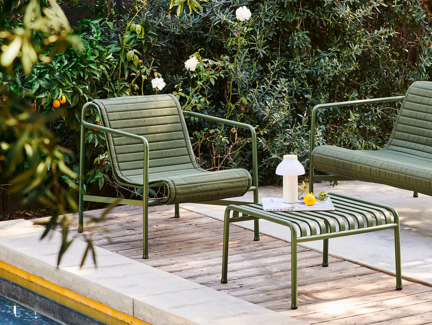 Palissade Lounge Chair and Sofa in Olive with Quilted Cushions