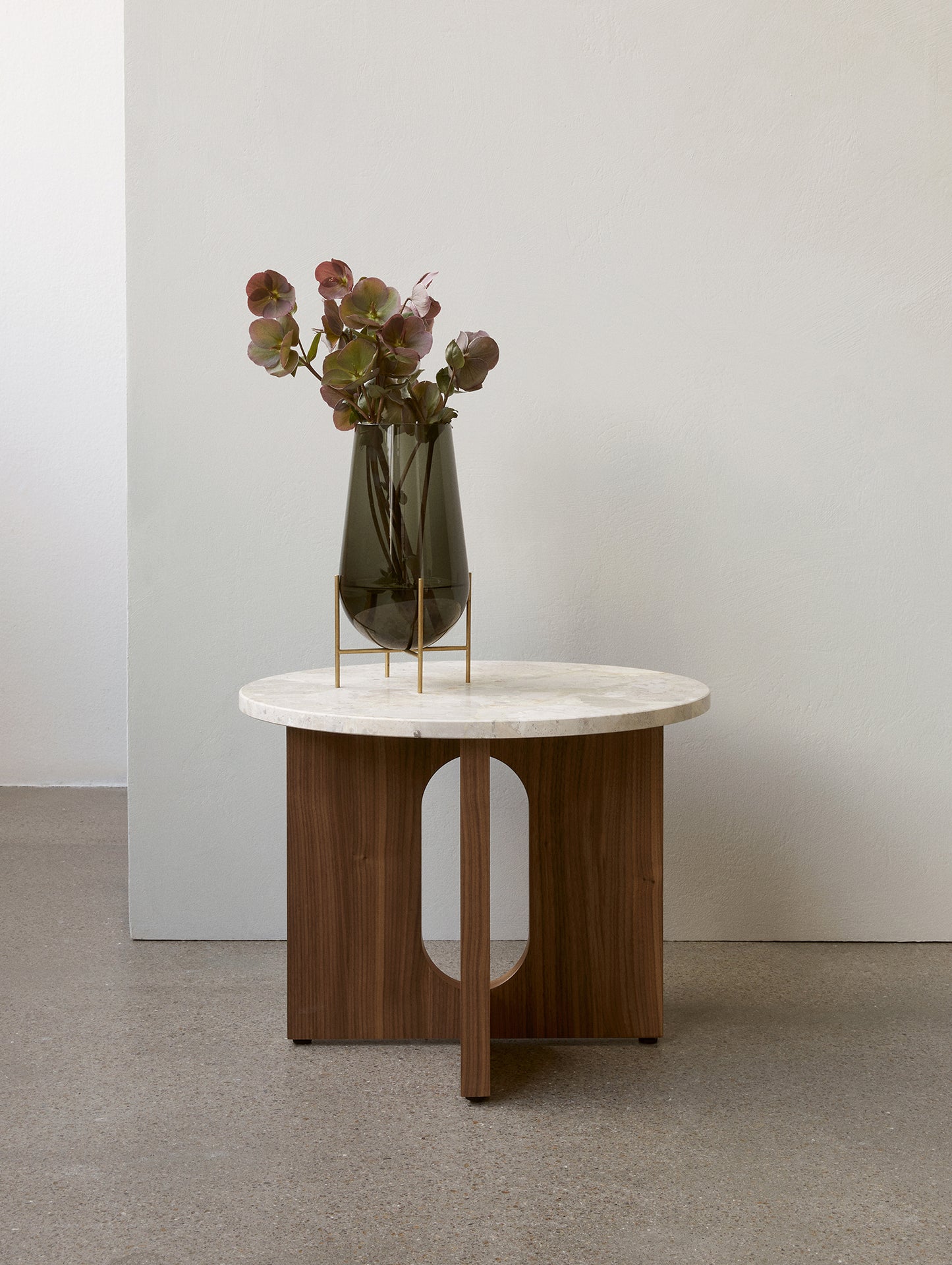 Androgyne Side Table, Ø50 - Kunis Breccia Stone Top / Dark Stained Oak Veneer Base