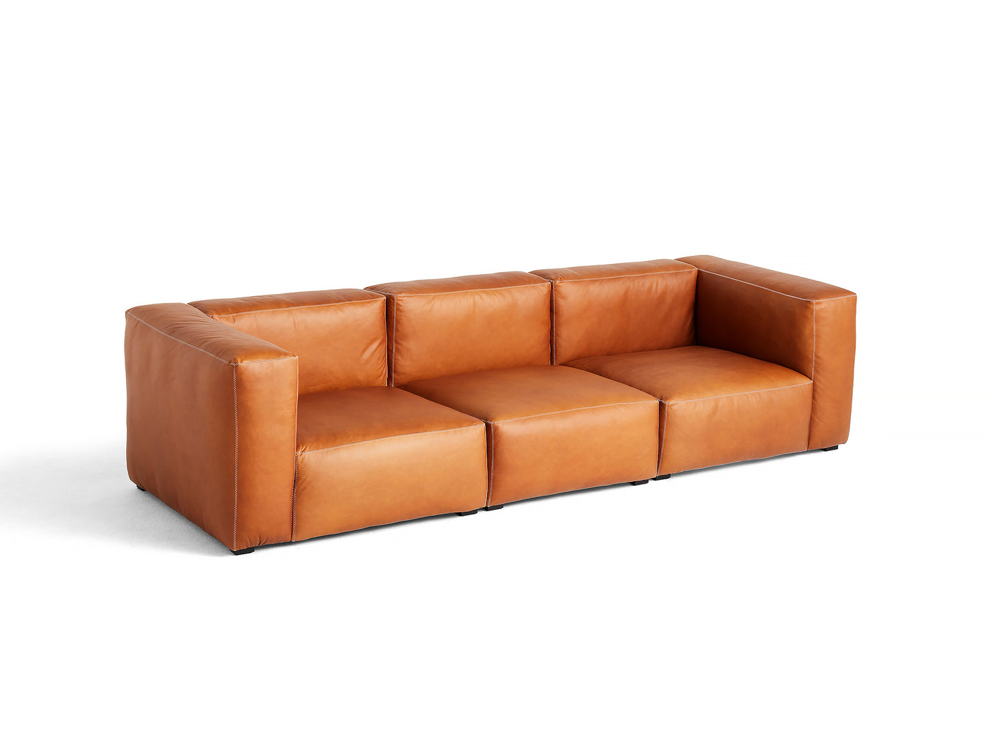 Cognac Silk Leather with Light Grey Stitches Mags Soft 3 Seater Sofa by HAY