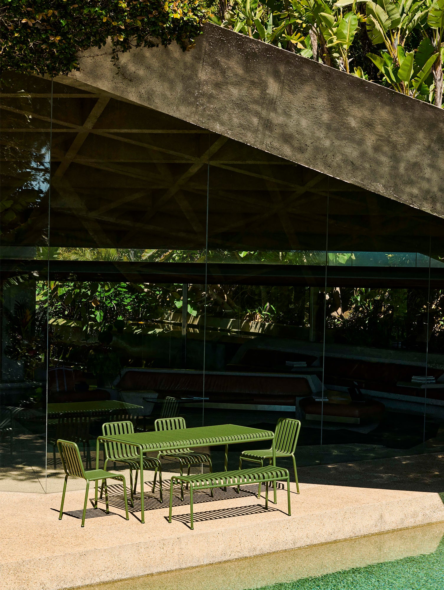 HAY Palissade Dining Table 160 cm paired with Palissade Dining Chairs and Bench in Olive