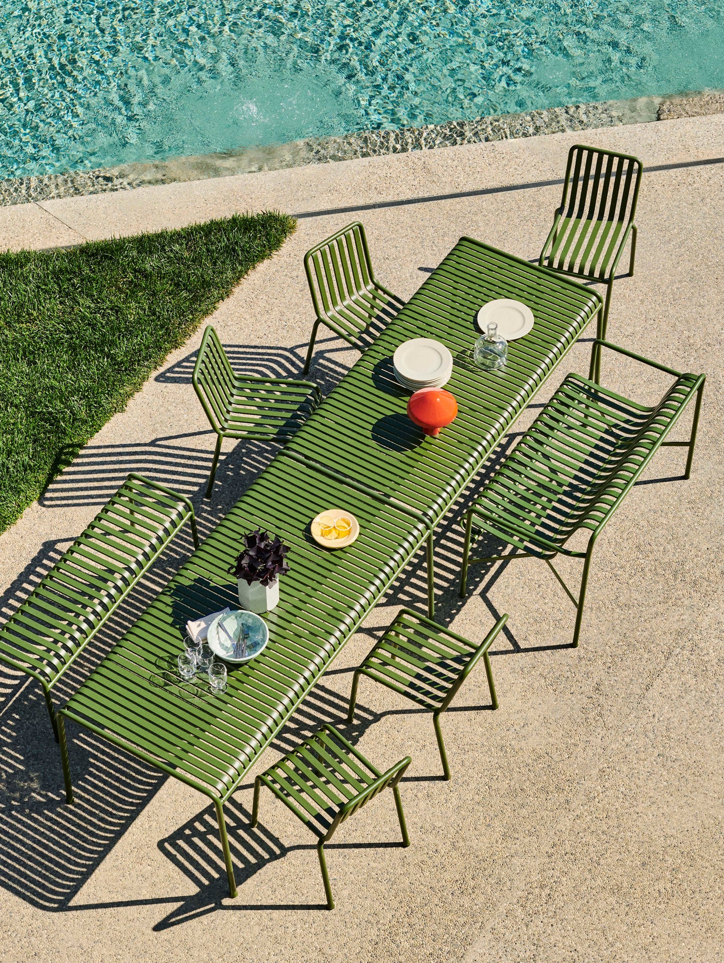 HAY Palissade Dining Bench Chairs and Tables in Olive
