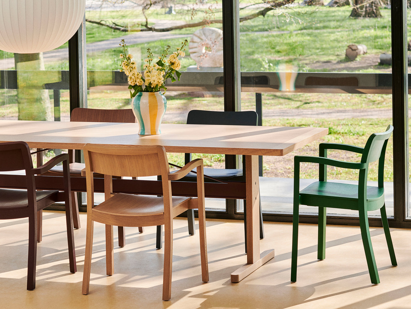 Passerelle Table (Veneer Tabletop) by HAY - Oak Tabletop with Burgundy Red Crossbar