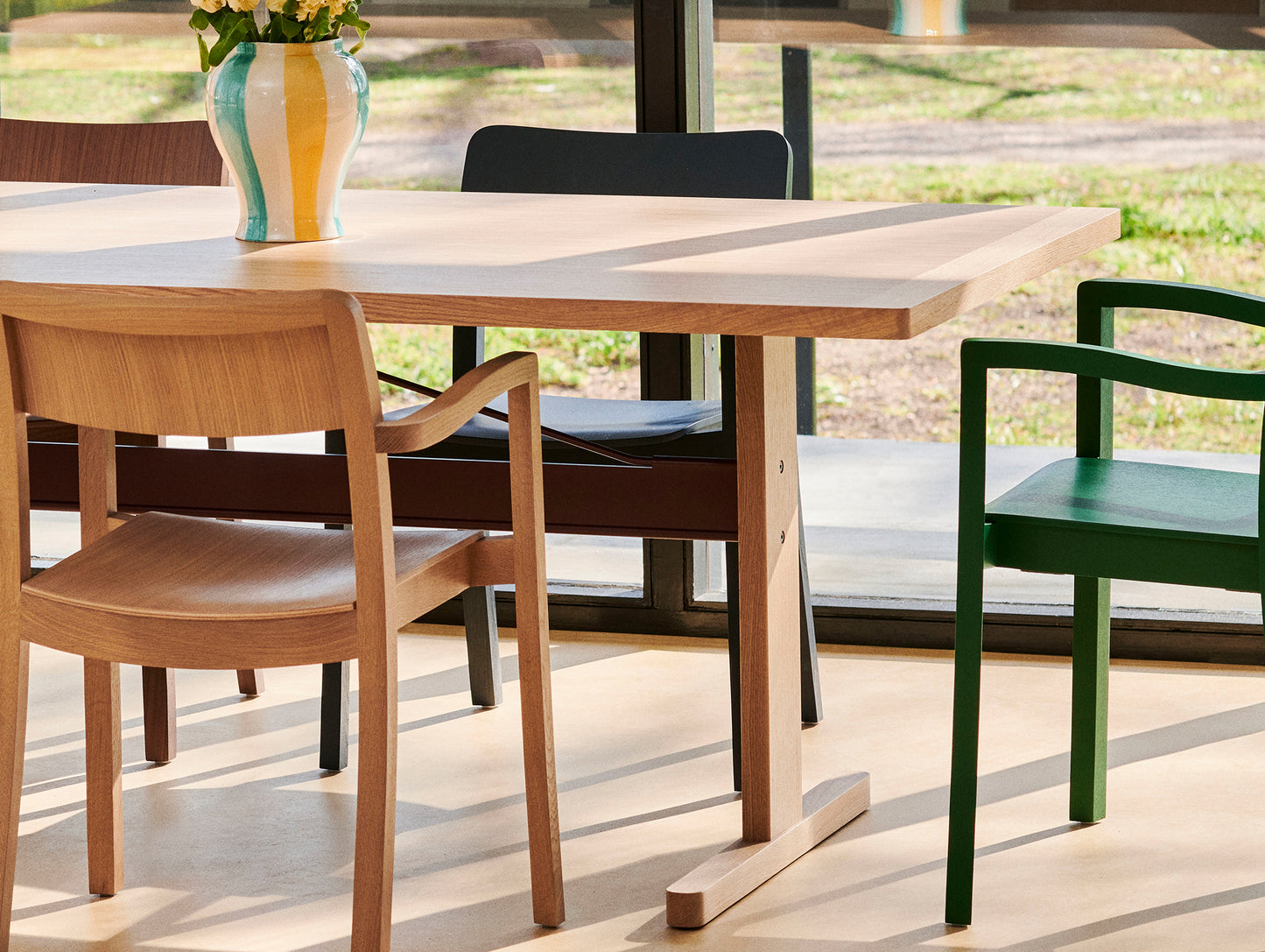 Passerelle Table (Veneer Tabletop) by HAY - Oak Tabletop with Burgundy Red Crossbar