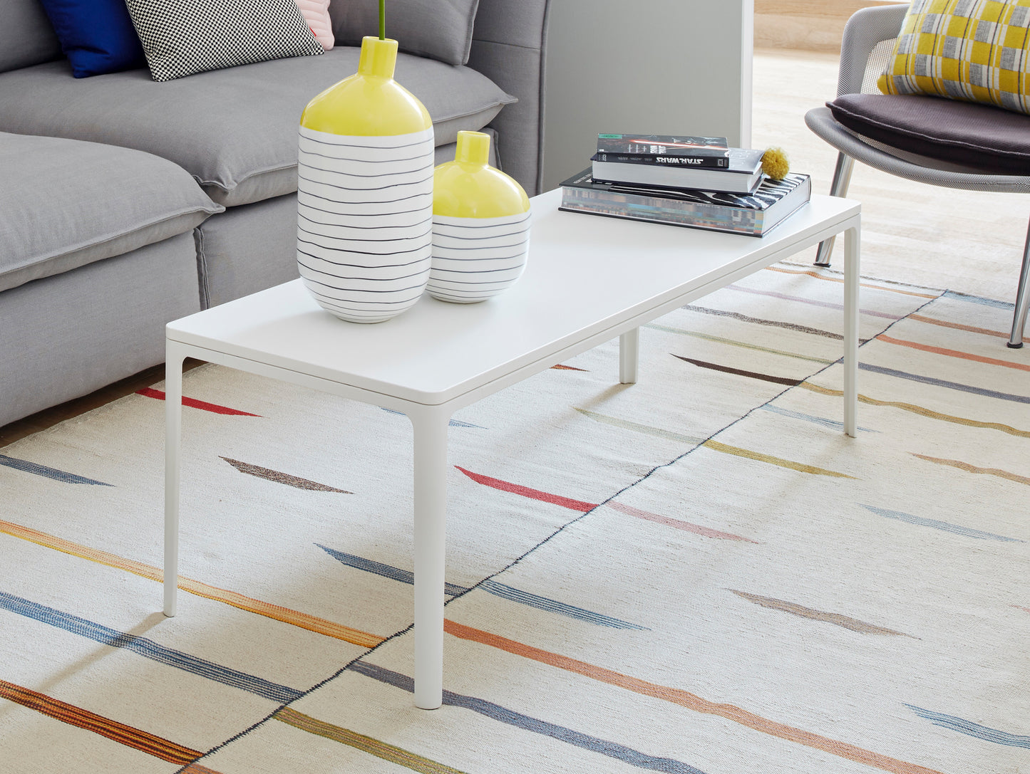 Plate Coffee Table by Vitra - Width: 113 cm / Depth: 41 cm, White Aluminium Base, White MDF Tabletop