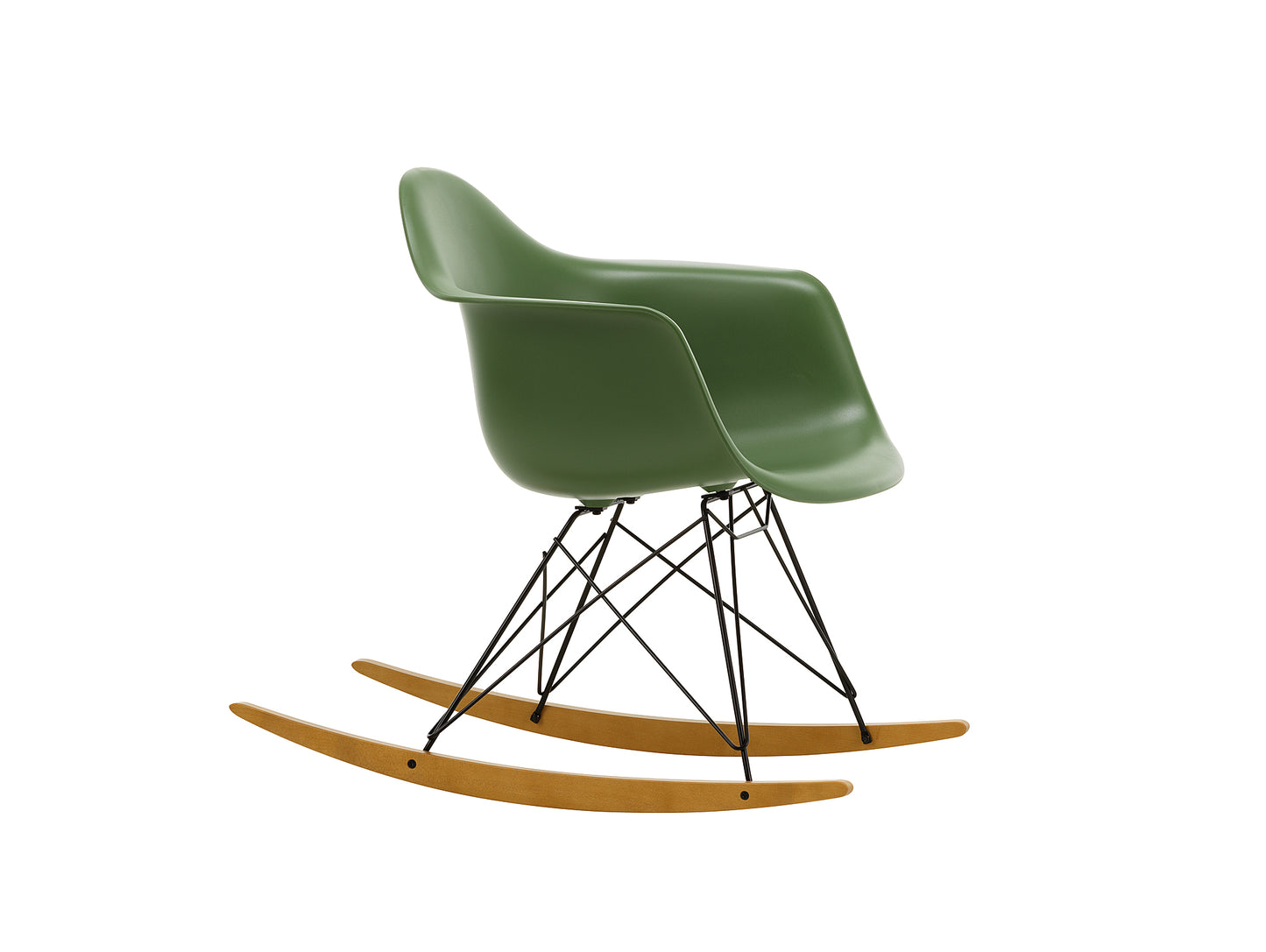 Eames RAR Plastic Armchair in Forest with Basic Dark Base and Golden Maple Rockers by Vitra