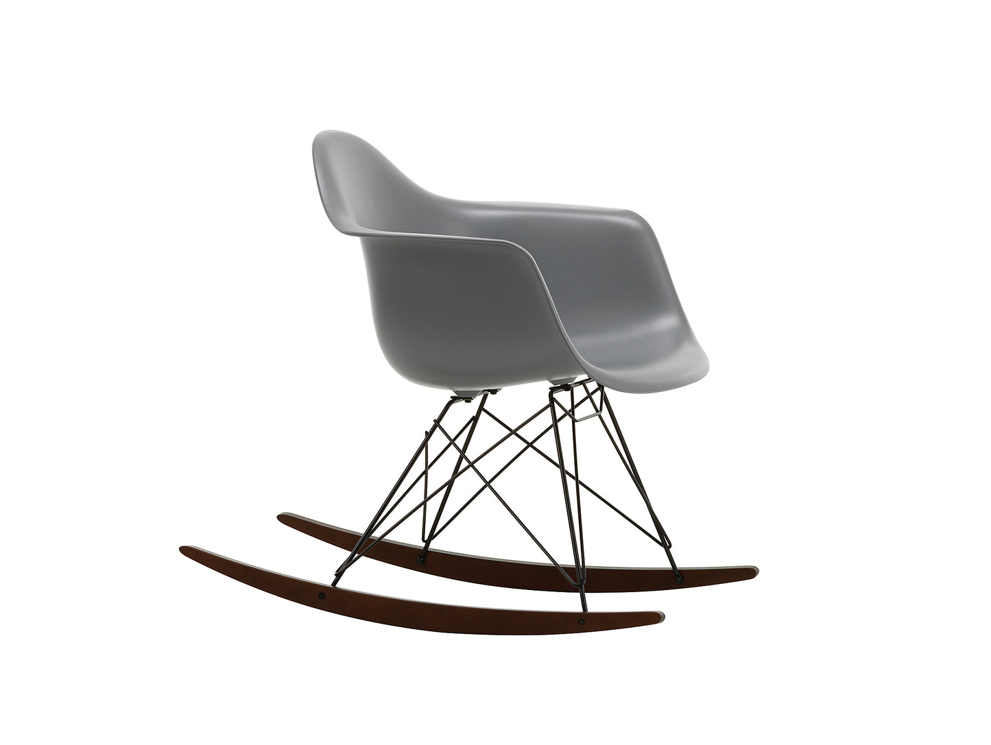 Eames RAR Plastic Armchair in Granite Grey with Basic Dark Base and Dark Maple Rockers by Vitra