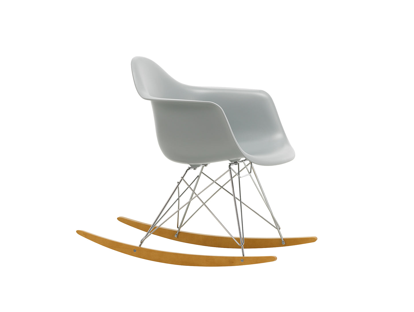 Eames RAR Plastic Armchair in Light Grey with Chrome Base and Golden Maple Rockers by Vitra