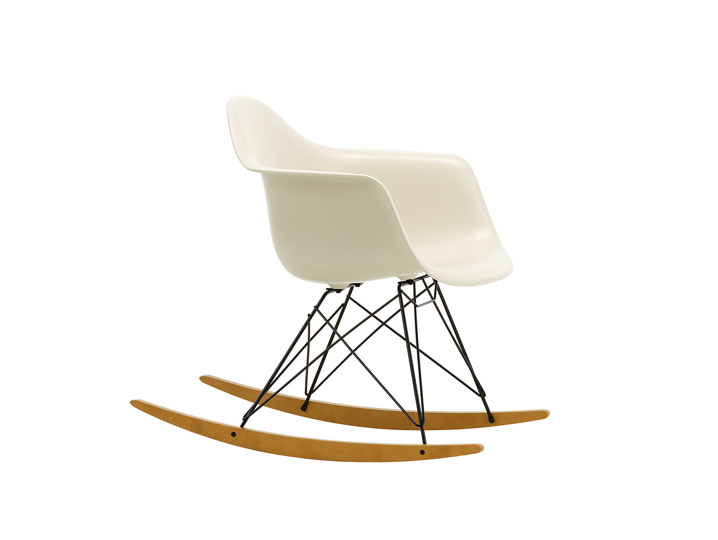 Eames RAR Plastic Armchair in Pebble with Basic Dark Base and Golden Maple Rockers by Vitra