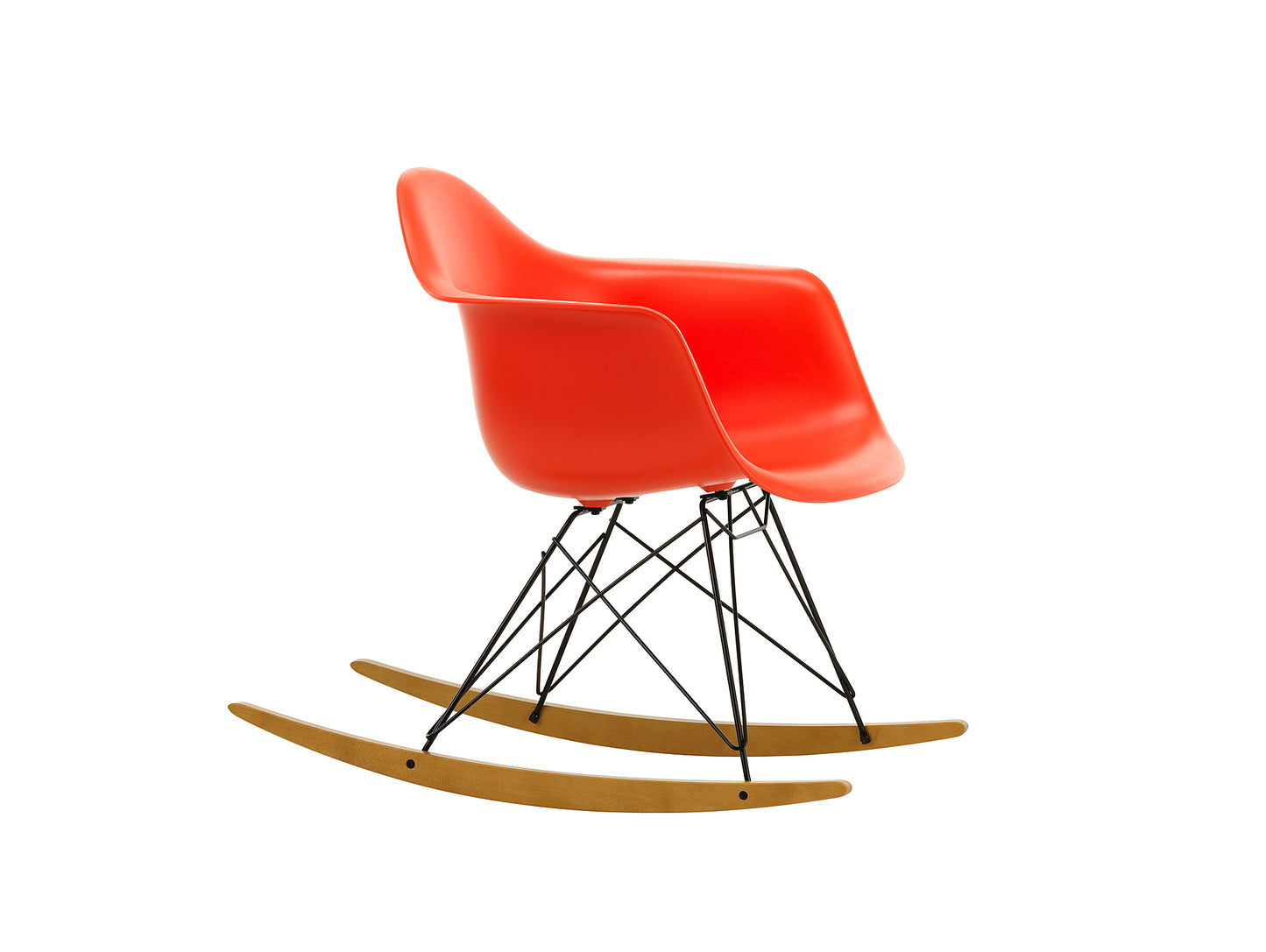 Eames RAR Plastic Armchair in Poppy Red with Basic Dark Base and Golden Maple Rockers by Vitra