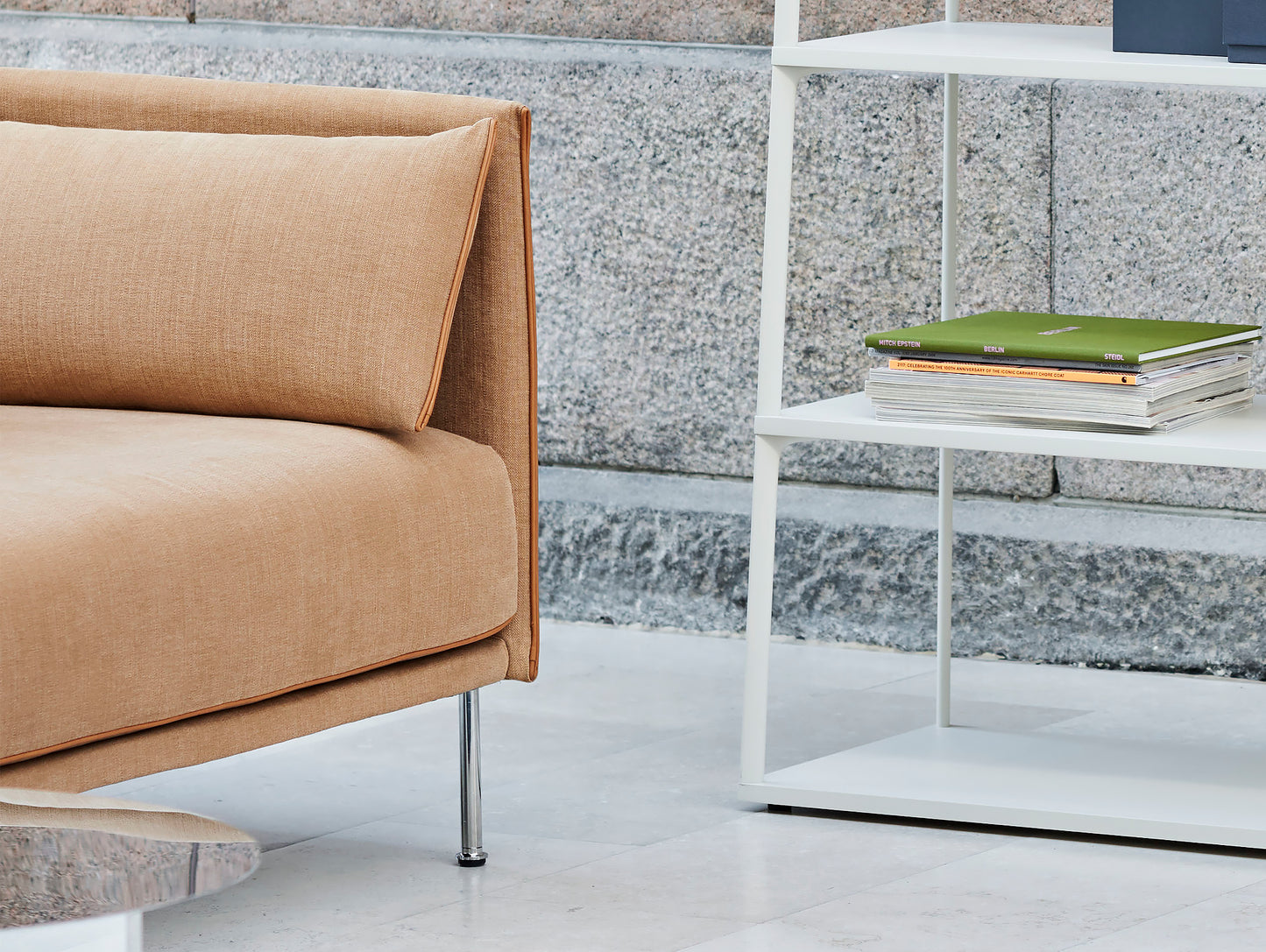 Silhouette Sofa - Chrome base, Linara Spice, Cognac piping