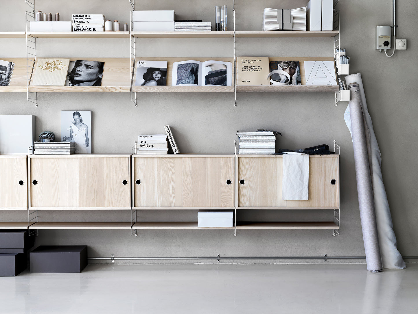String System Ash Cabinets with sliding doors