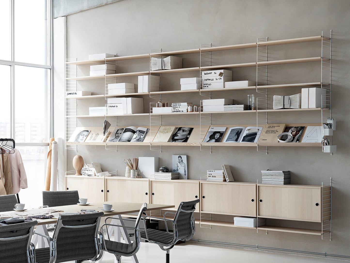 String 75 x 30 white wall panels with Ash shelves