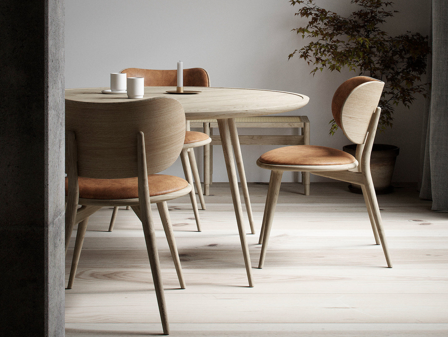 The Dining Chair by Mater - Matt Lacquered Oak Base / Natural Tanned Leather Seat