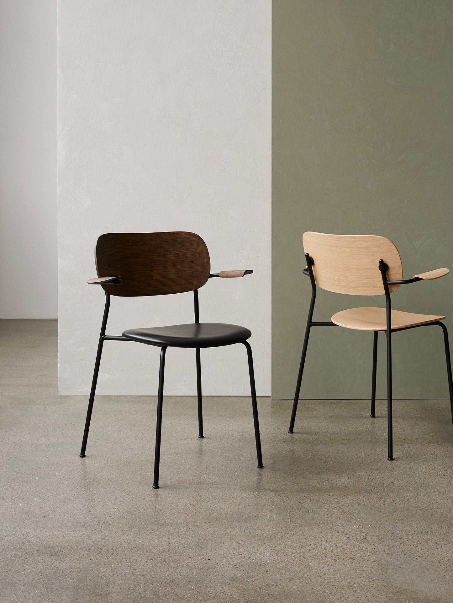 Co Dining Chair Upholstered by Menu - With Armrest / Black Powder Coated Steel / Dark Oak / Dakar Black Leather