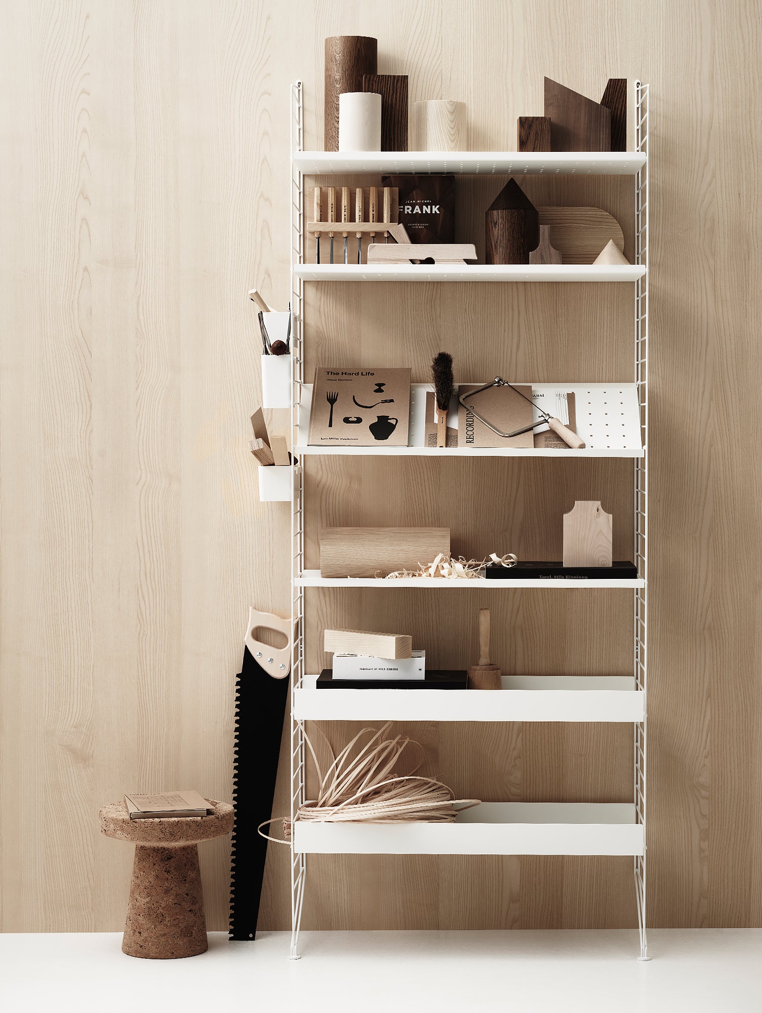 String White Metal shelf arrangement with Ash fold-out desk.