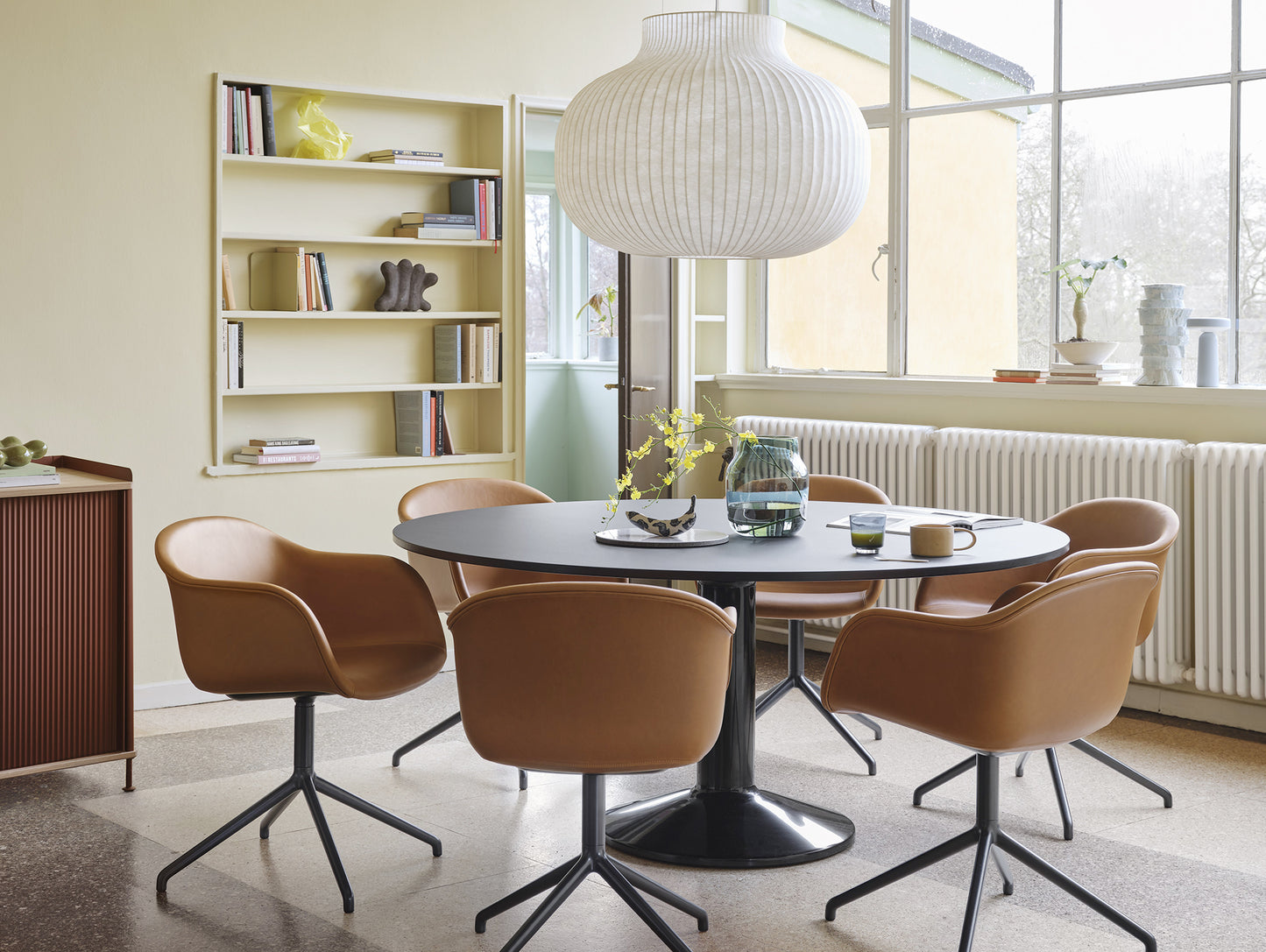 Cognac Silk Leather / Black Fiber Armchair Upholstered with Swivel Base by Muuto