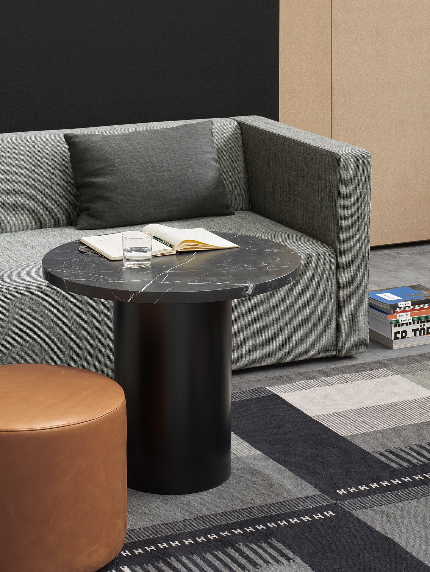 CT09 Enoki Side Table by e15 - (D70 / H60 cm) Nero Marquina Marble Tabletop / Jet Black Steel Base