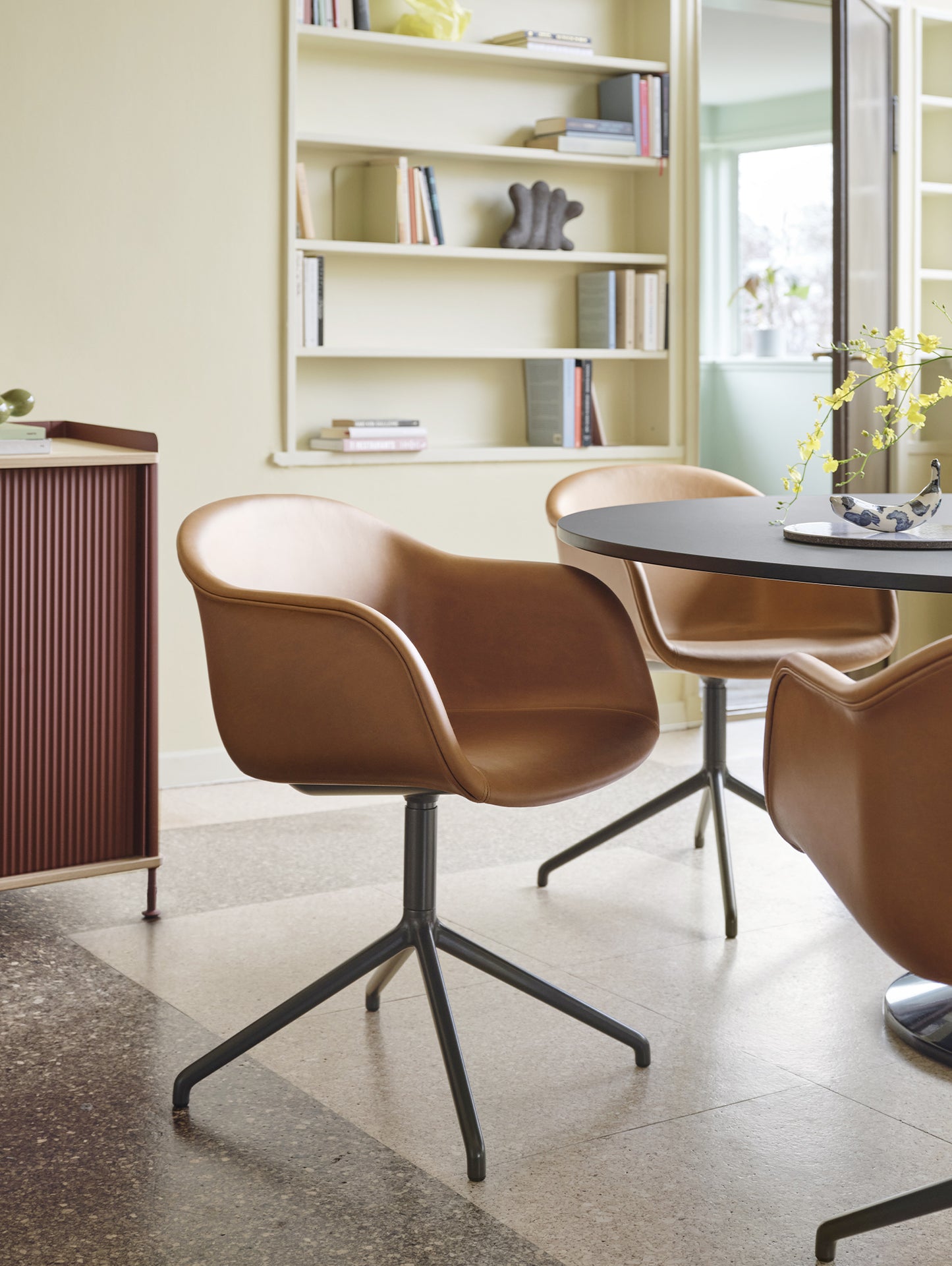 Cognac Silk Leather / Black Fiber Armchair Upholstered with Swivel Base by Muuto