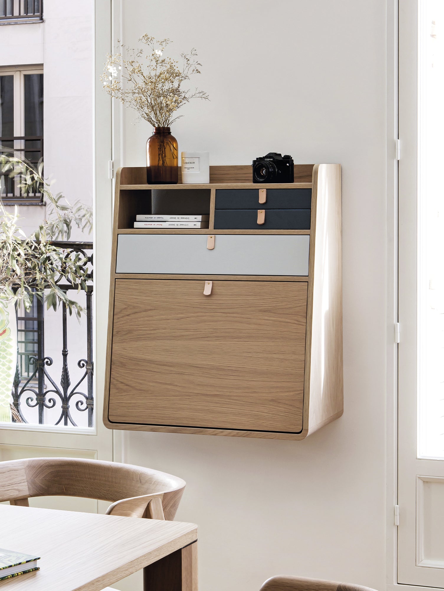Gaston Writing Desk by Hartô - Width: 60 cm, Oak / Light Grey / Slate Grey