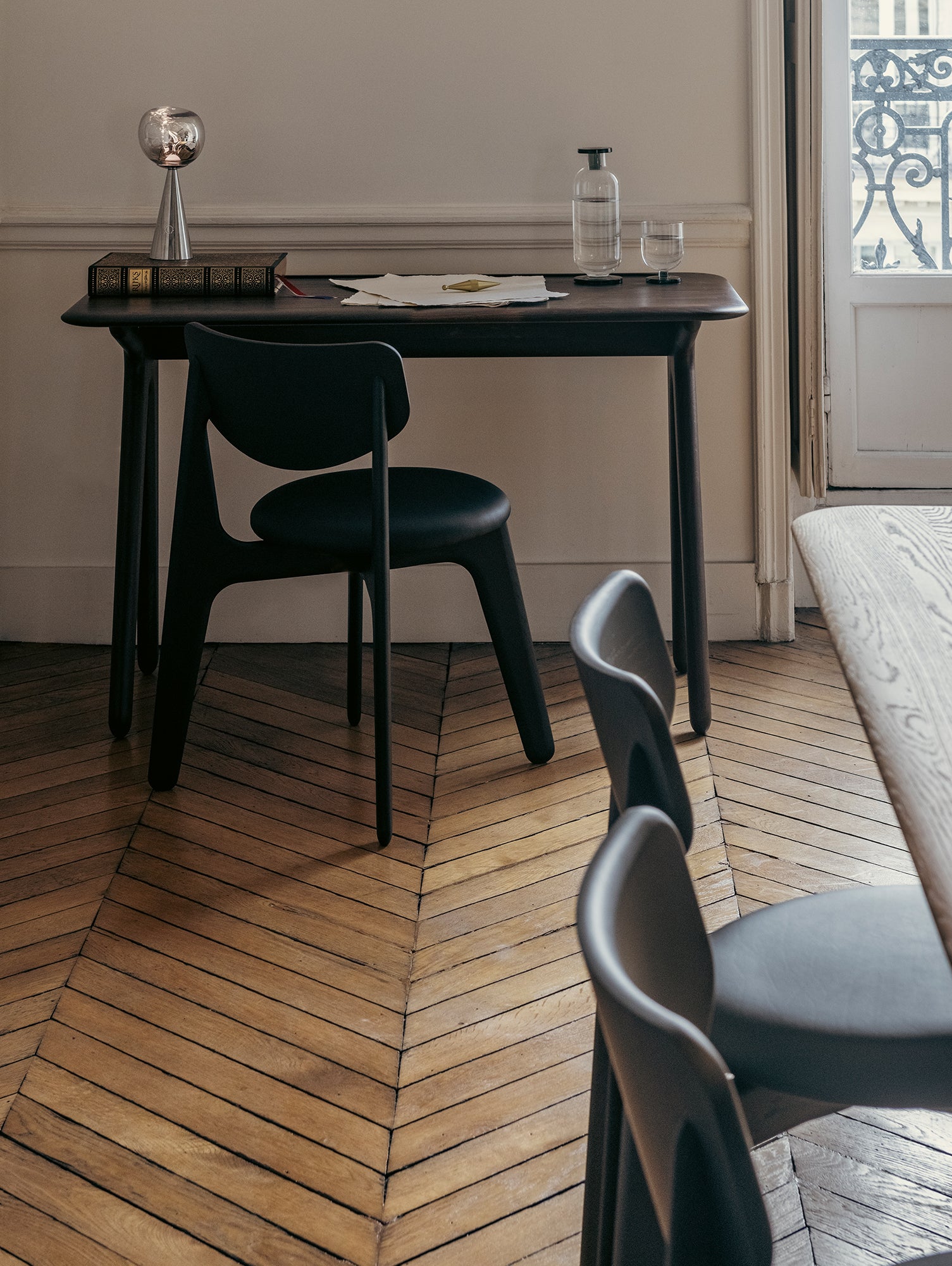 Slab Dining Chair Upholstered by Tom Dixon - Black Lacquered Oak / Black Leather