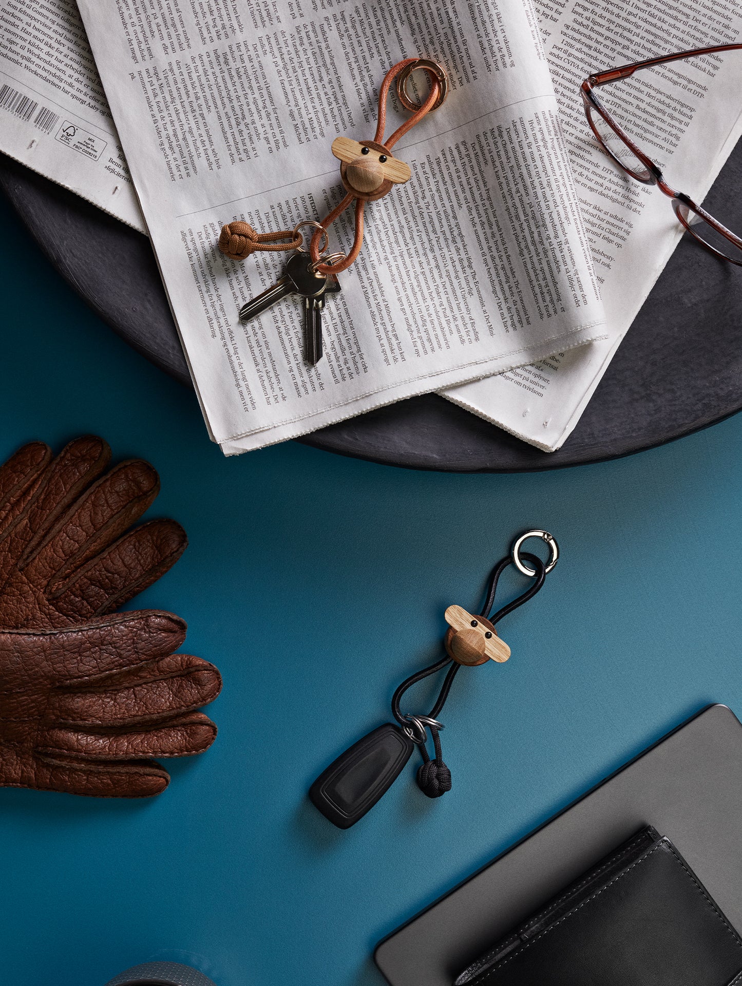 Monkey Silver Metal Keychain with Black Leather by Kay Bojesen