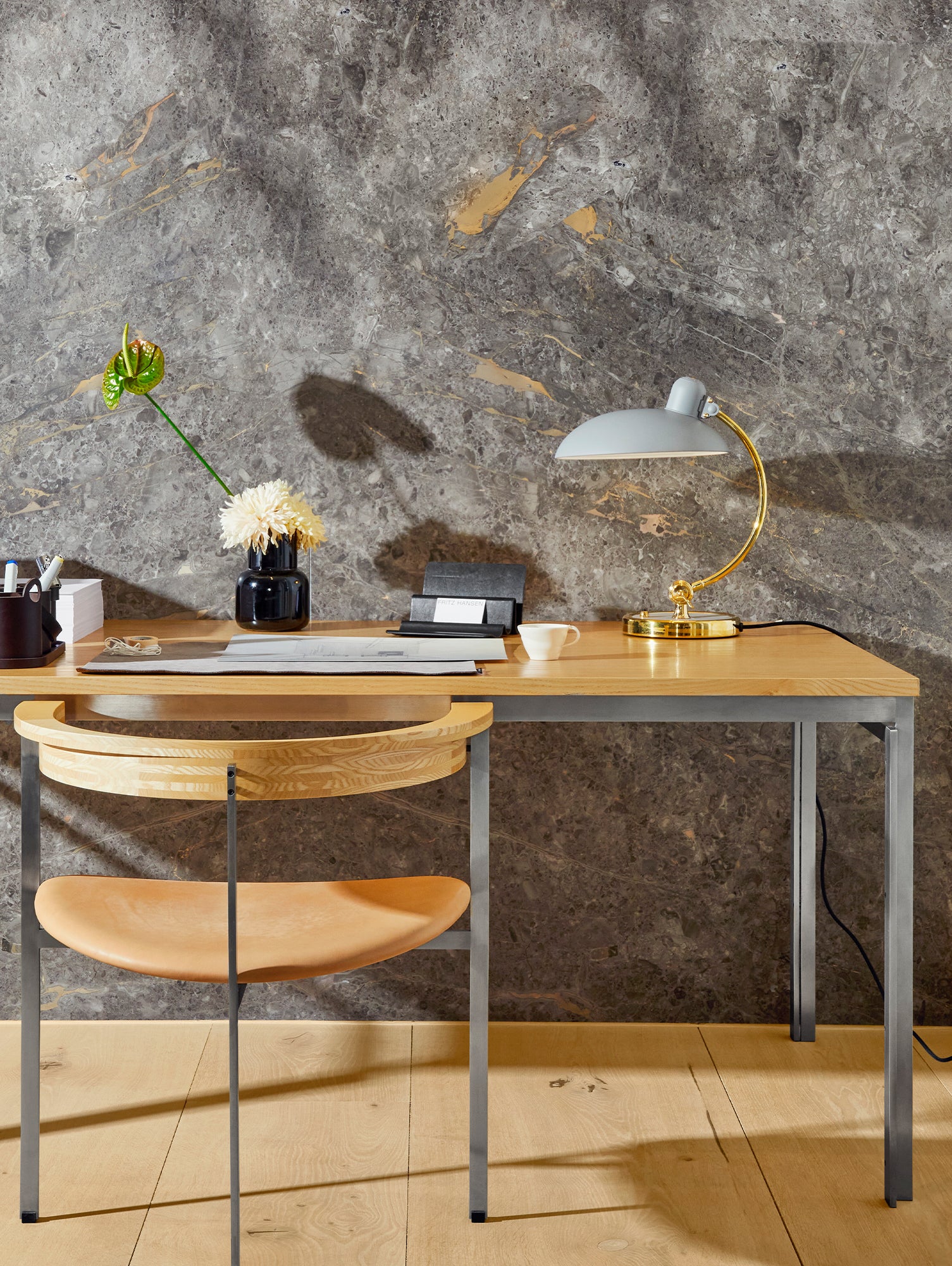 Kaiser Idell Luxus Table Lamp by Fritz Hansen - Matt Easy Grey Shade with Brass Base