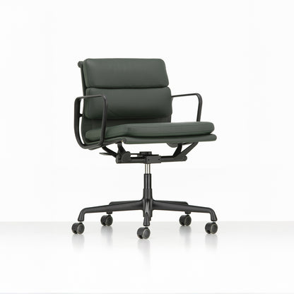 Soft Pad Work Chair EA 217 by Vitra - Deep Black Powder-Coated Aluminium / Seat: Jade Premium F Leather / Back: Plano Coconut Forest (L50)