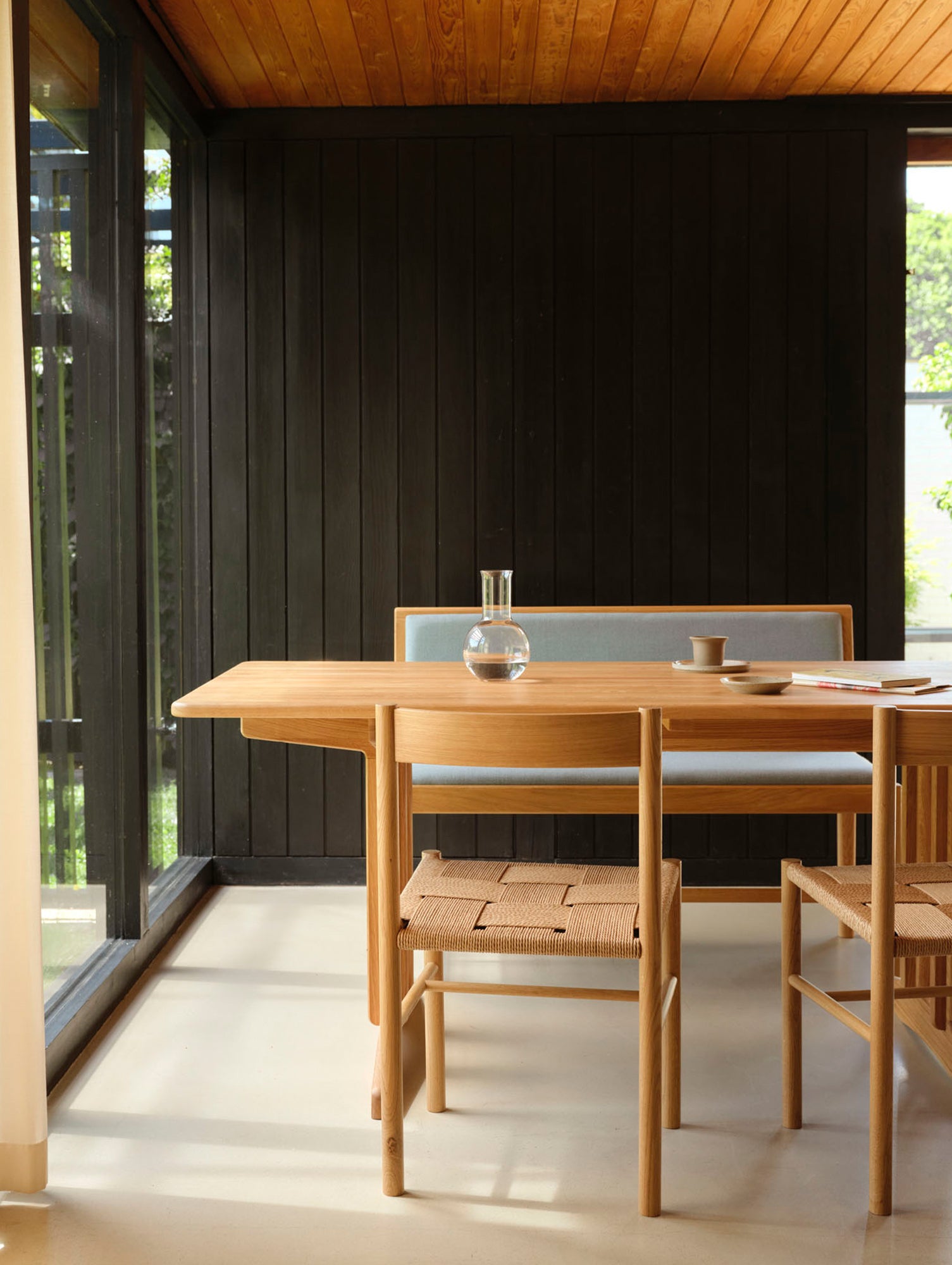 J176 Sonderborg Bench by FDB Mobler - Lacquered Oak / Ploegwool Blue 04