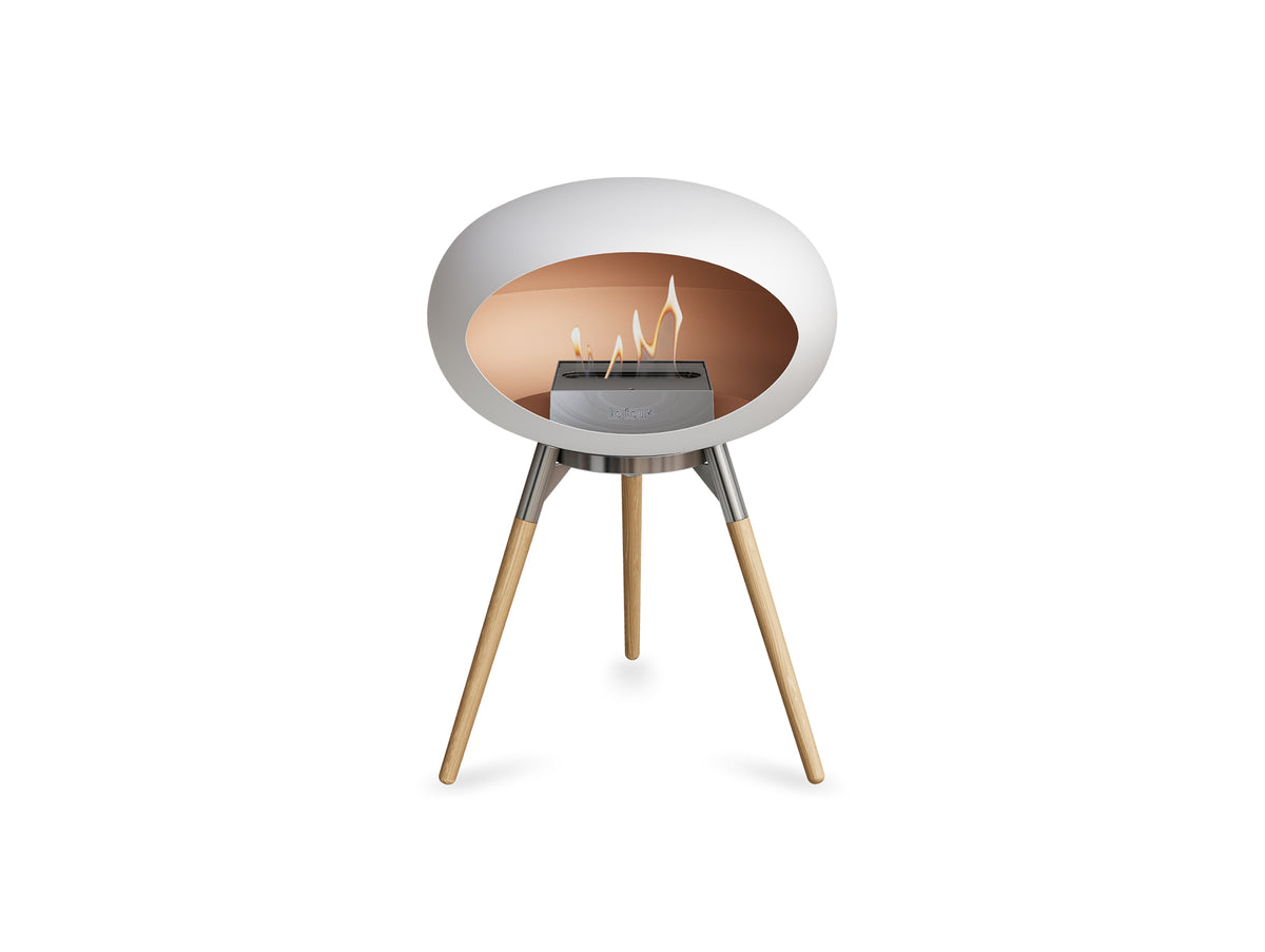 Ground Low Fireplace by Le Feu - White Dome / Polished Steel Bowl / Soaped Oak Base