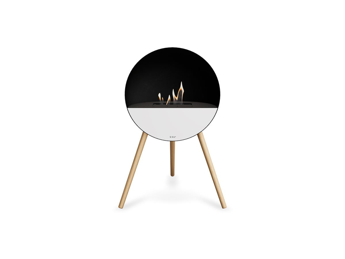 Le Feu Eye Fireplace with Black Body, Black Top, White Front and Soaped Oak Base