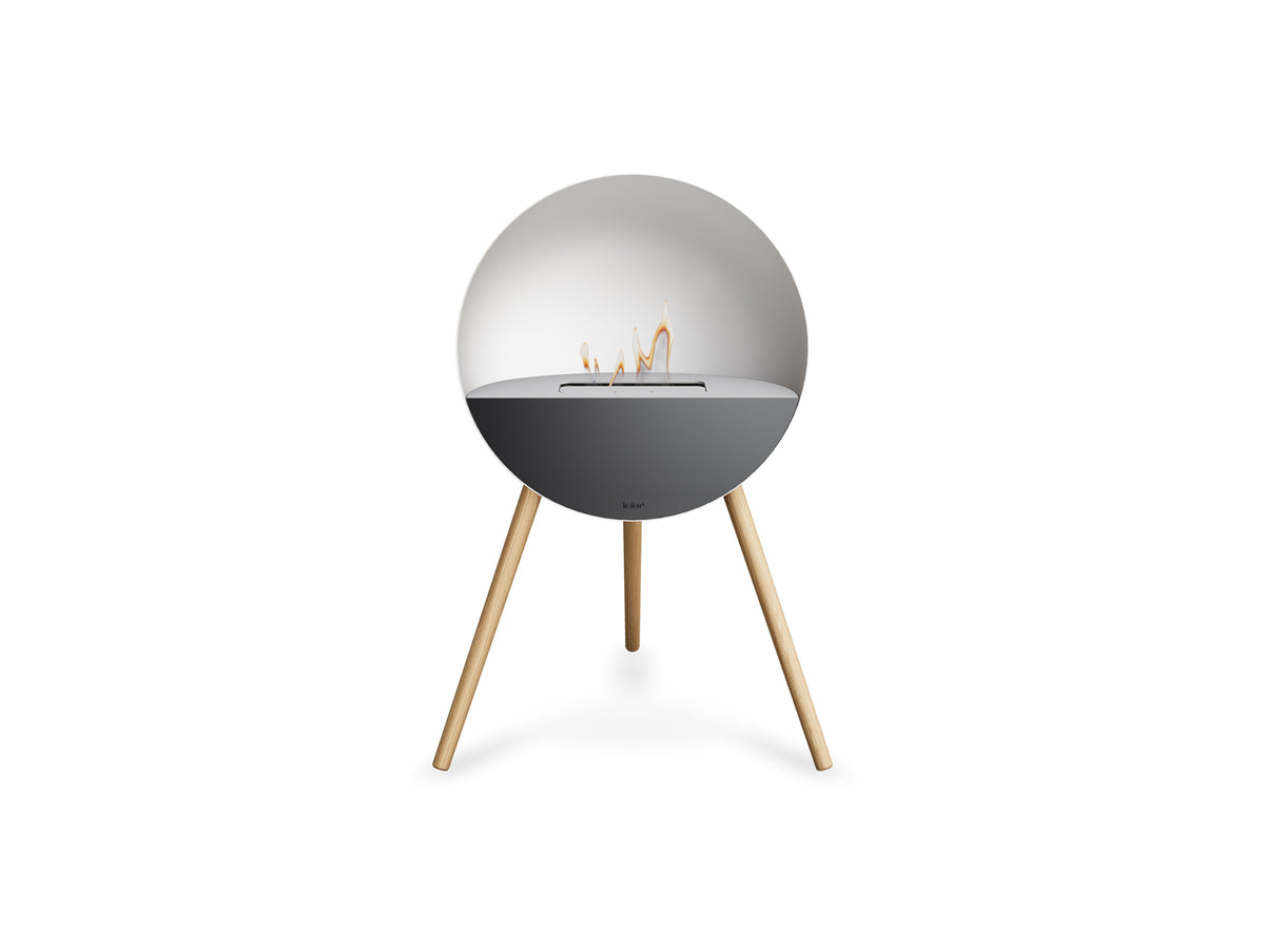 Le Feu Eye Fireplace with White Body, White Top, Black Front and Soaped Oak Base