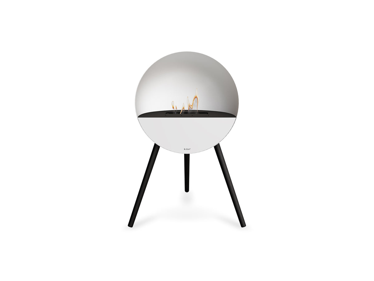 Le Feu Eye Fireplace with White Body, Black Top, White Front and Black Oak Base
