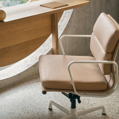 Soft Pad Office Chair EA 231 by Vitra - Chalk Powder-Coated Aluminium / Seat: Ochre Premium F Leather / Back: Plano Coffee (L50)