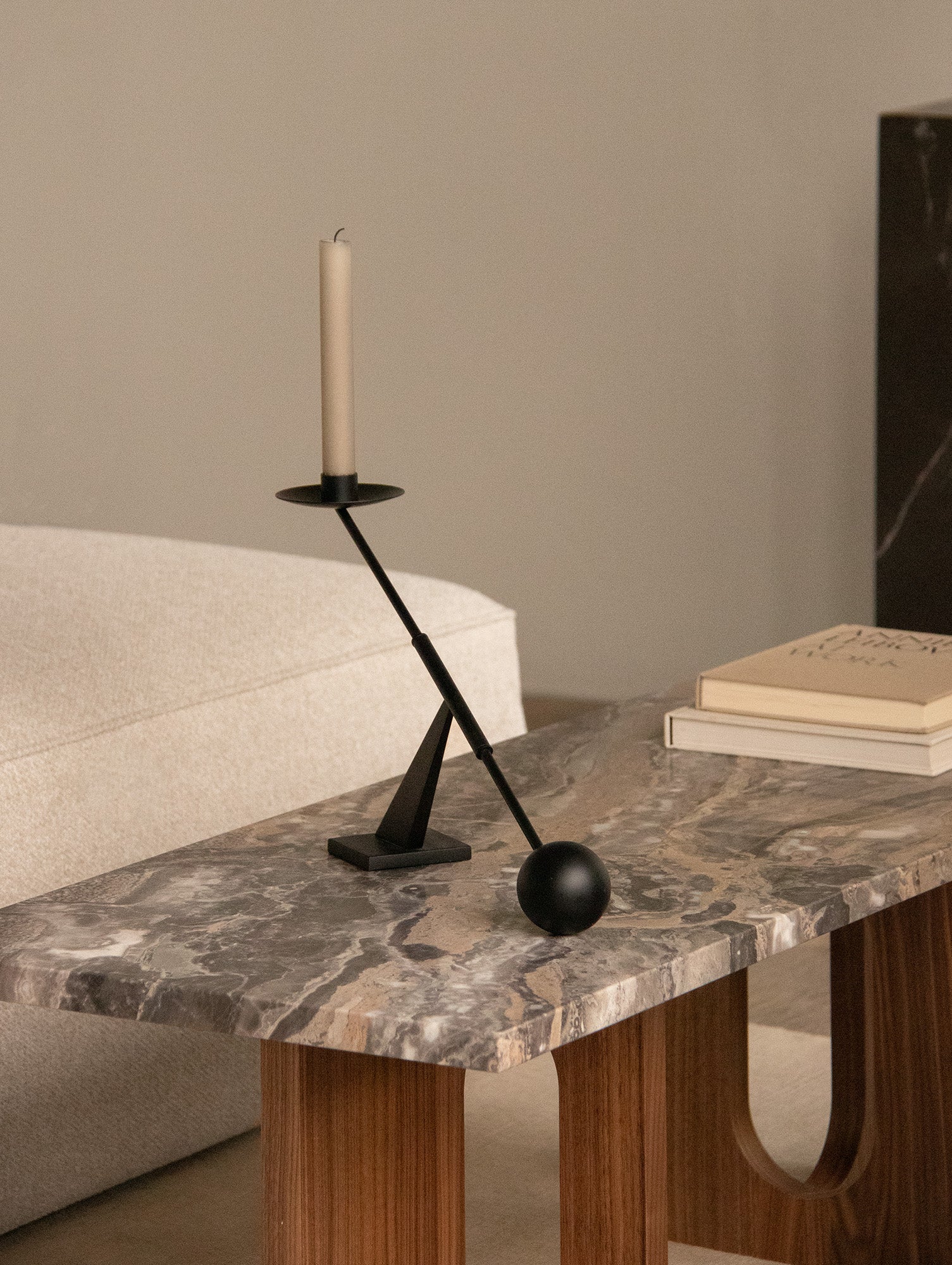 Androgyne Lounge Table by  Audo Copenhagen - Grey Galaxy Marble Top / Walnut Veneer Base