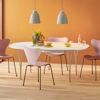 Superellipse Dining Table (Extendable) by Fritz Hansen - B619 / Chromed Steel Base / White Laminate Tabletop