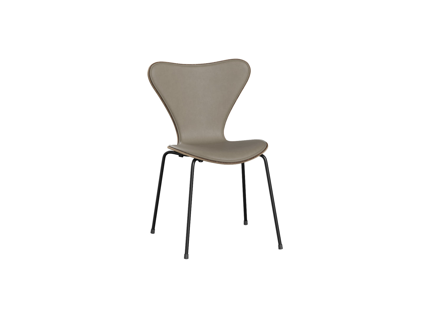 Series 7™ 3107 Dining Chair (Front Upholstered) by Fritz Hansen - Black Steel / Front: Essential Light Grey Leather / Back: Clear Lacquered Walnut Veneer