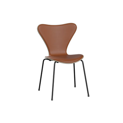 Series 7™ 3107 Dining Chair (Front Upholstered) by Fritz Hansen - Black Steel / Front: Essential Walnut Leather / Back: Light Beige Lacquered Veneer