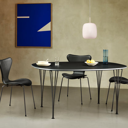 Series 7™ 3107 Dining Chair (Front Upholstered) by Fritz Hansen - Front: Black Leather / Back: Black Lacquered Veneer
