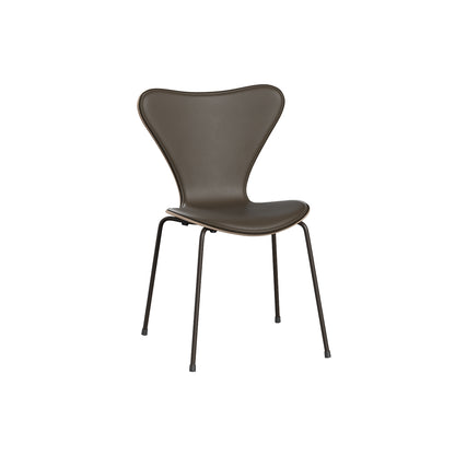 Series 7™ 3107 Dining Chair (Front Upholstered) by Fritz Hansen - Brown Bronze Steel / Front: Essential Stone Leather / Back: Clear Lacquered Dark Stained Oak Veneer