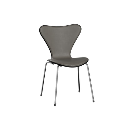 Series 7™ 3107 Dining Chair (Front Upholstered) by Fritz Hansen - Chromed Steel / Front: Essential Lava Leather / Back: Black Lacquered Veneer