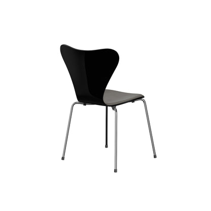 Series 7™ 3107 Dining Chair (Front Upholstered) by Fritz Hansen - Chromed Steel / Front: Essential Lava Leather / Back: Black Lacquered Veneer