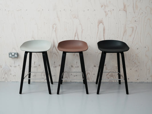 HAY About A Stool AAS 32 / Set of 3 / 65 cm Seat Height / Black Oak Base / Brick, Black and Concrete Grey Seats / Open Box