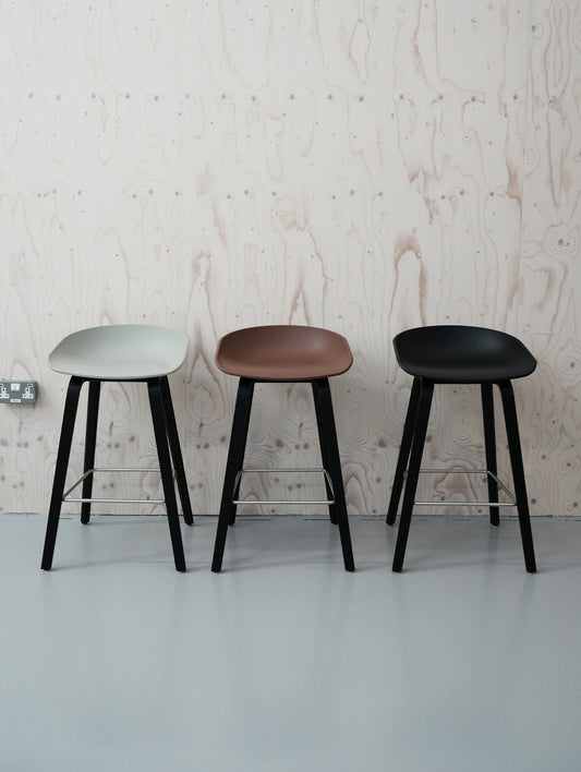 HAY About A Stool AAS 32 / Set of 3 / 65 cm Seat Height / Black Oak Base / Brick, Black and Concrete Grey Seats / Open Box