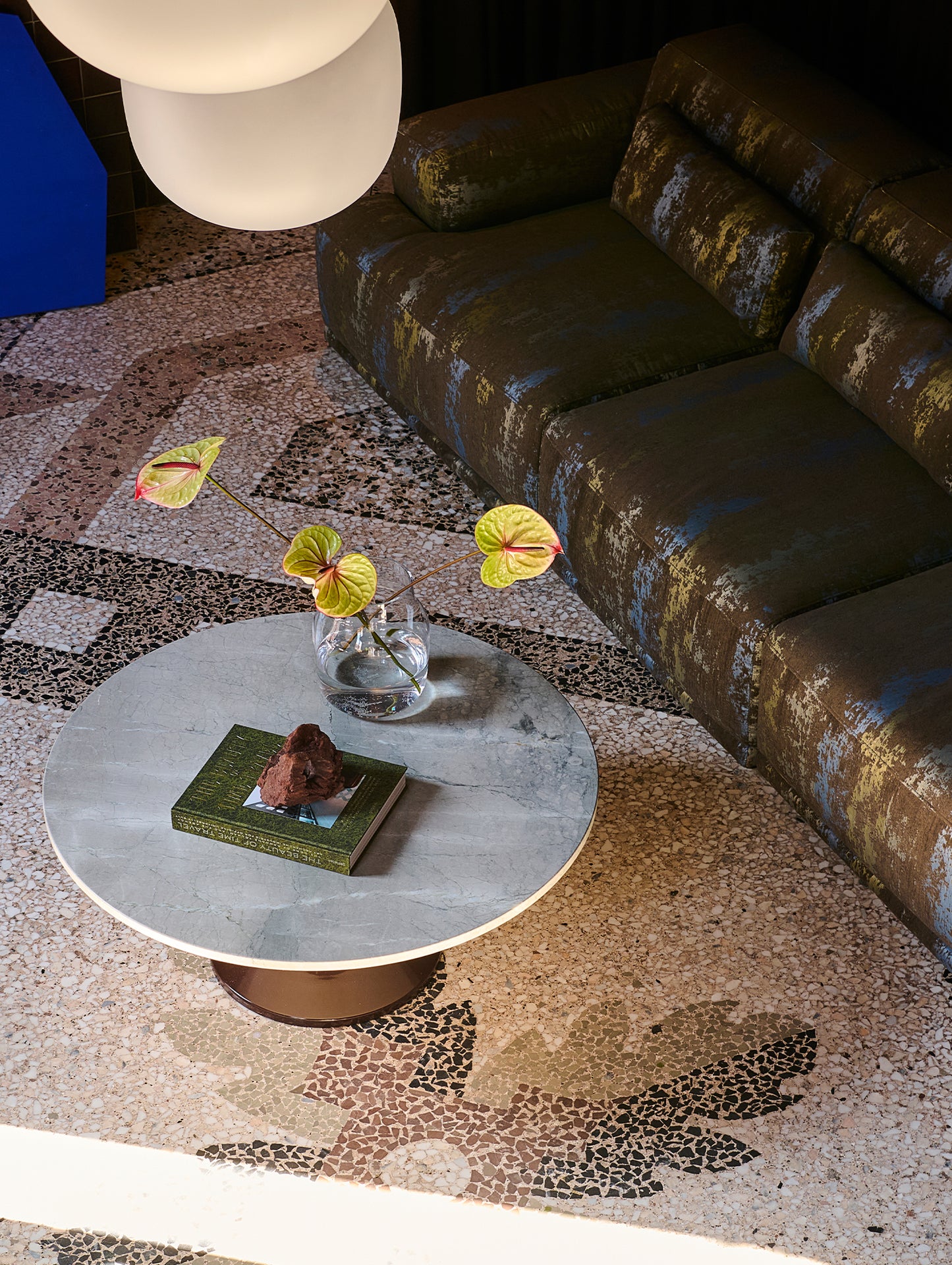 Midst Coffee Table by Muuto - Grey Marble Tabletop / Dark Red Steel Base