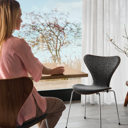 Series 7™ 3107 Dining Chair (Front Upholstered) by Fritz Hansen - Anniversary Edition / Front: Vanir Granite Brown / Back: Clear Lacquered Walnut Veneer