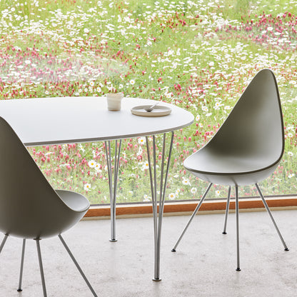 Drop Dining Chair Plastic (3110) by Fritz Hansen - Olive Green / Chrome Base