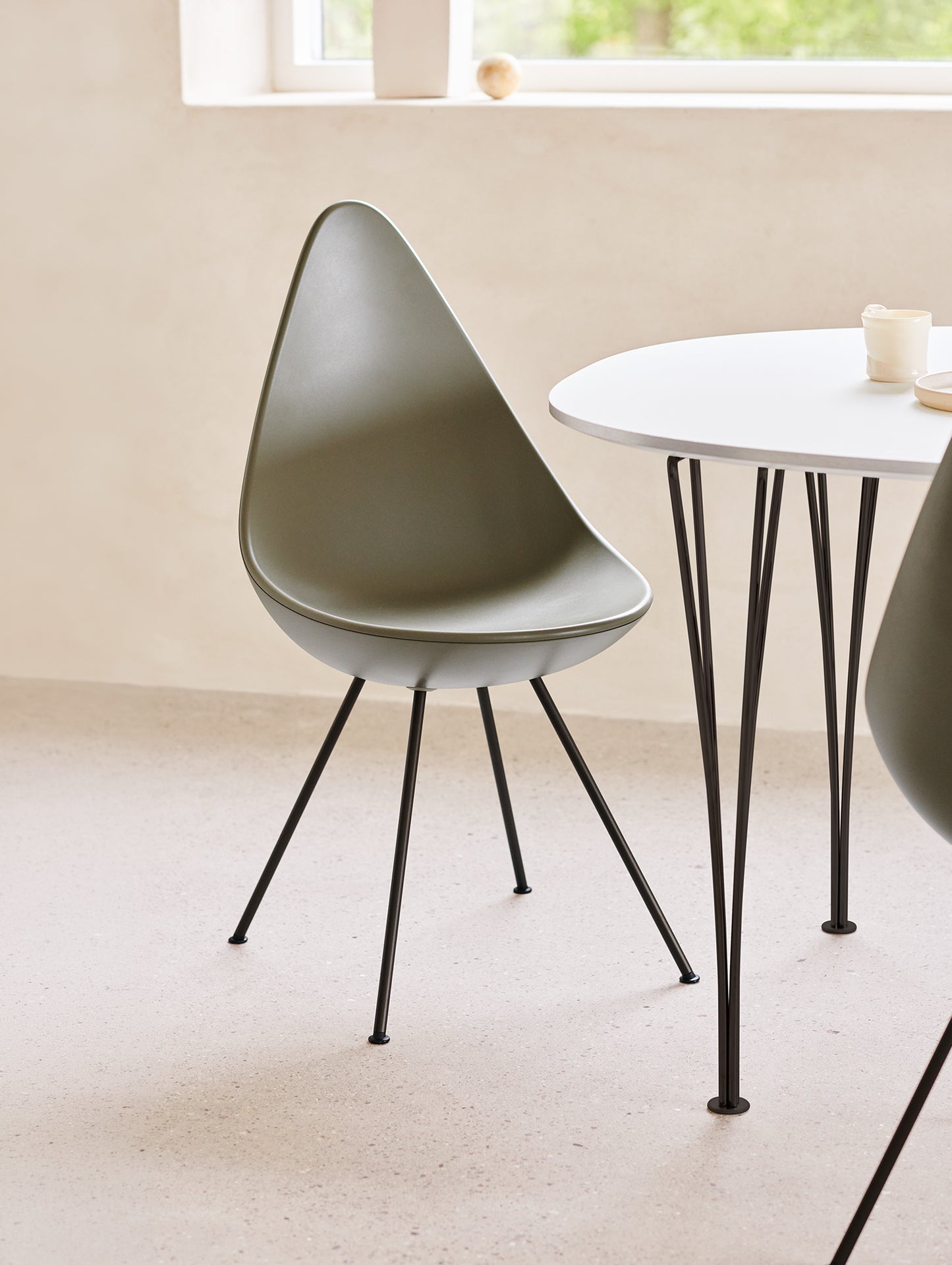 Drop Dining Chair Plastic (3110) by Fritz Hansen - Olive Green / Brown Bronze Base