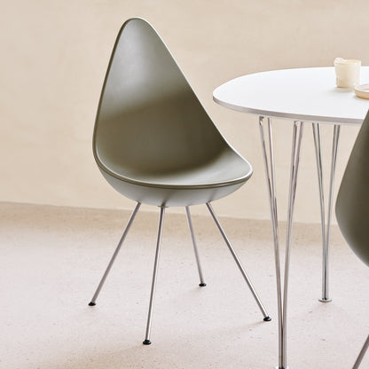 Drop Dining Chair Plastic (3110) by Fritz Hansen - Olive Green / Chrome Base